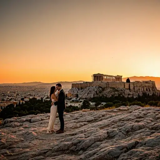 Surprise proposal overlooking the Acropolis at sunset