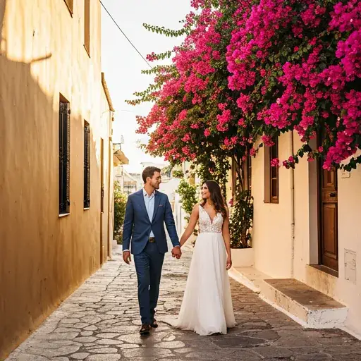 Couple walking in Plaka at golden hour