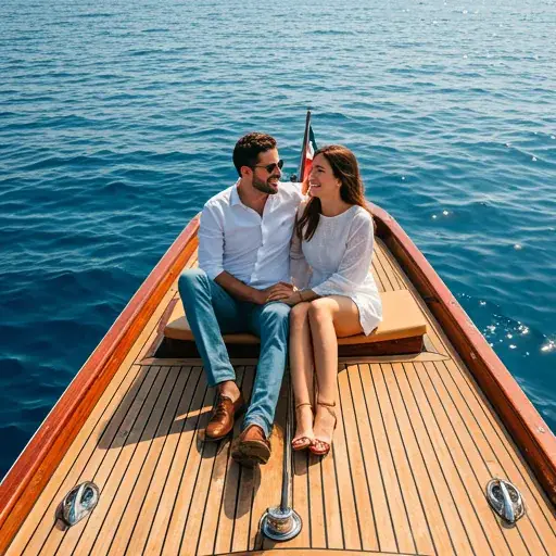 Couple on vintage boat on the Athenian Riviera