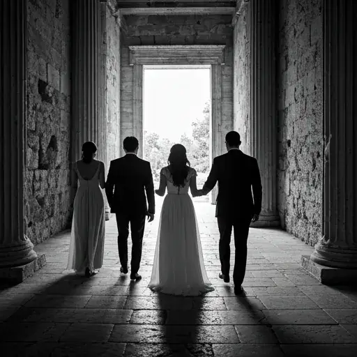 Wedding party walking through Roman Agora ruins