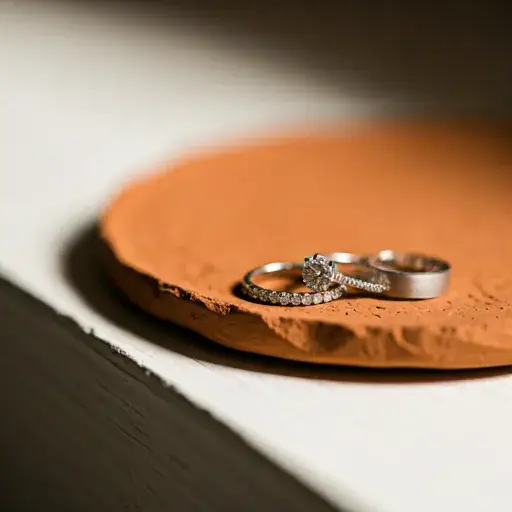 Wedding rings on terracotta pottery